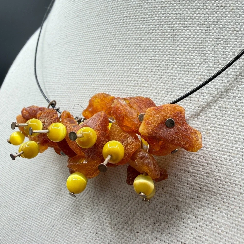 Amber Chip Bead Cluster Necklace Bohemian Statement Artisan Festival Gift